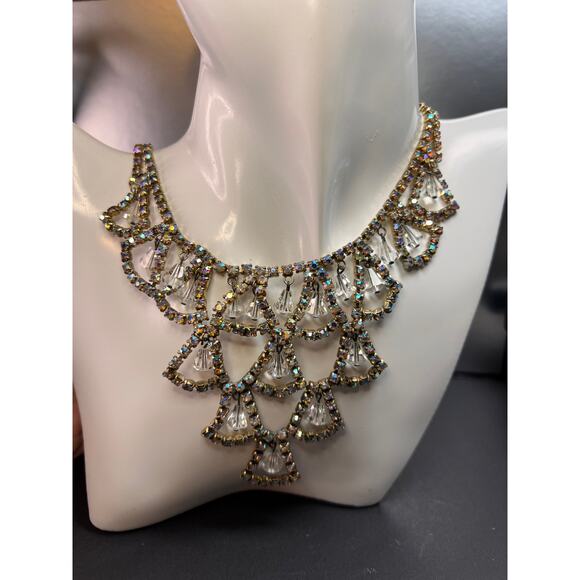 Vintage AB Rhinestone Bib Necklace Clear Glass Dangles Gold Tone - Picture 8 of 12
